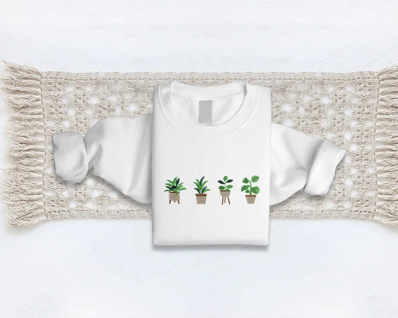 Embroidered Plant Sweatshirt, Green Plant Pots Aesthetic Nature Crewneck Jumper, Botanical Cottagecore Sweater Gardening Plants Lover Outfit