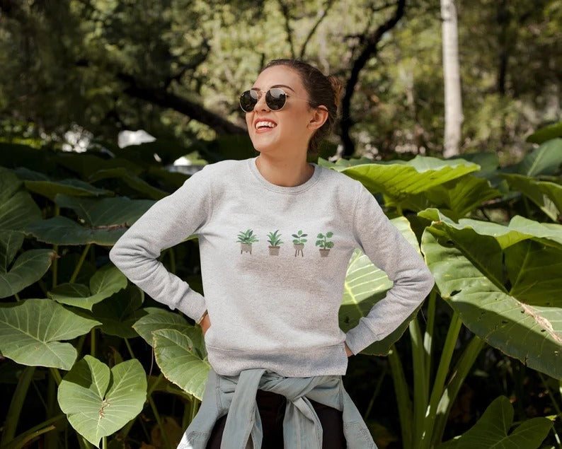 Embroidered Plant Sweatshirt, Green Plant Pots Aesthetic Nature Crewneck Jumper, Botanical Cottagecore Sweater Gardening Plants Lover Outfit