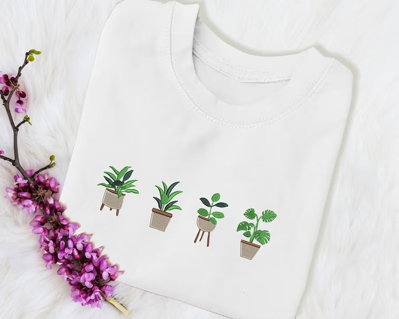Embroidered Plant Sweatshirt, Green Plant Pots Aesthetic Nature Crewneck Jumper, Botanical Cottagecore Sweater Gardening Plants Lover Outfit