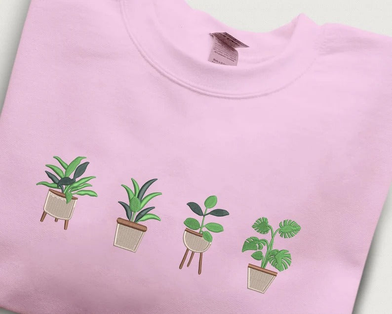 Embroidered Plant Sweatshirt, Green Plant Pots Aesthetic Nature Crewneck Jumper, Botanical Cottagecore Sweater Gardening Plants Lover Outfit