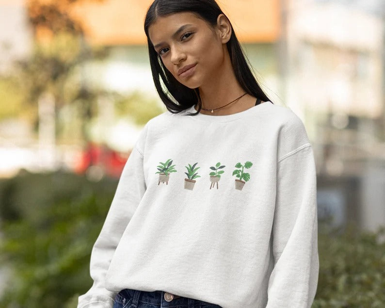 Embroidered Plant Sweatshirt, Green Plant Pots Aesthetic Nature Crewneck Jumper, Botanical Cottagecore Sweater Gardening Plants Lover Outfit