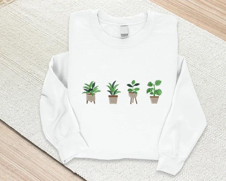 Embroidered Plant Sweatshirt, Green Plant Pots Aesthetic Nature Crewneck Jumper, Botanical Cottagecore Sweater Gardening Plants Lover Outfit