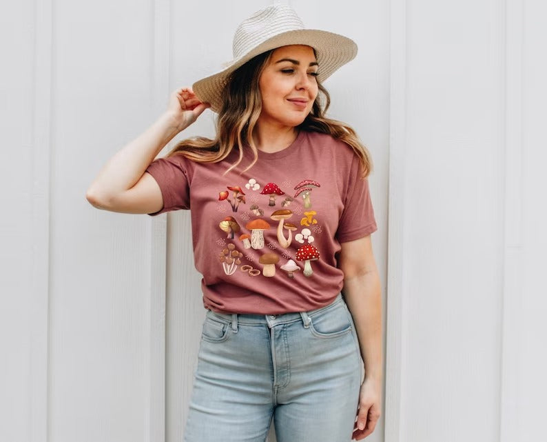 Magic Mushrooms Aesthetic Shirt, Botanical Fungi Plants Printed Unisex T Shirt, Nature Lover Mushrooms Graphic Top, Shroom Cottagecore Shirt
