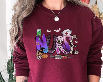 Halloween Nurse Sweatshirt, Retro Design Comfort Color Nurse Jumper, Spooky Season Vintage Sweater, Halloween Nurse Clothing