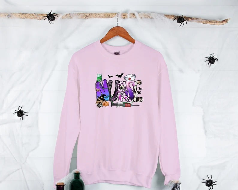 Halloween Nurse Sweatshirt, Retro Design Comfort Color Nurse Jumper, Spooky Season Vintage Sweater, Halloween Nurse Clothing