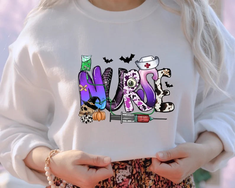 Halloween Nurse Sweatshirt, Retro Design Comfort Color Nurse Jumper, Spooky Season Vintage Sweater, Halloween Nurse Clothing