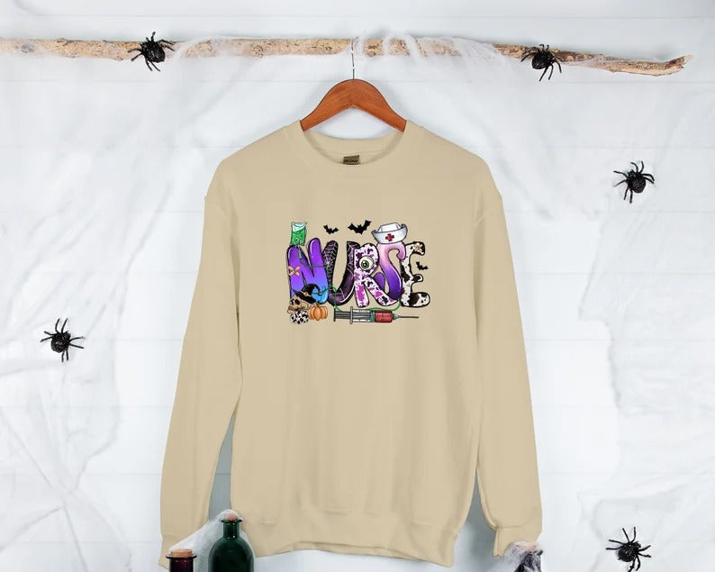 Halloween Nurse Sweatshirt, Retro Design Comfort Color Nurse Jumper, Spooky Season Vintage Sweater, Halloween Nurse Clothing
