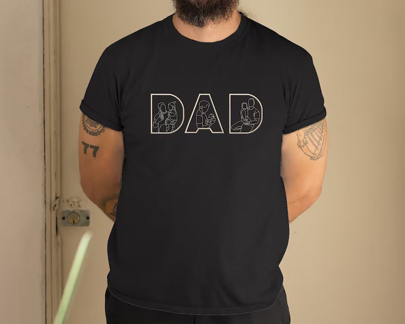 Personalised Dad Photos Shirt, Embroidered Dad Tshirt, Custom Sketches from Portraits Comfy Tee Top, Fathers Day Gifts, Dad Birthday Present