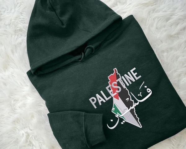Embroidered Palestine Map Flag Hoodies, Palestine Arabic Calligraphy Name Pullover Jumper, Adults Sizes Unisex Sweater, Palestine Clothing