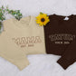Custom Embroidered Crewneck Sweatshirt, Personalised Date Text Varsity Sweater, Comfort Color Unisex Mom Jumper, Long Distance Birthday Gift