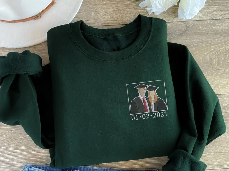Graduation Friends Portrait Sweatshirt, Custom Embroidered Sketch from Photo Sweater, Personalised Graduation Date Jumper, Graduation Gifts