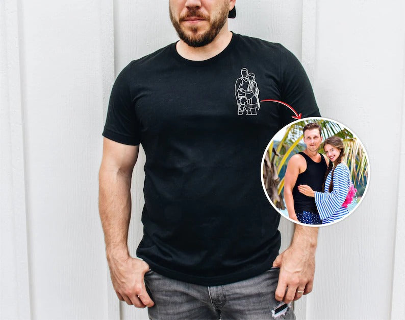 Personalized Couple Photo Portrait Shirt, Custom Faceless Printed Sketch T-Shirt, Family Portrait Matching Shirt, Best Birthday Gift for Him