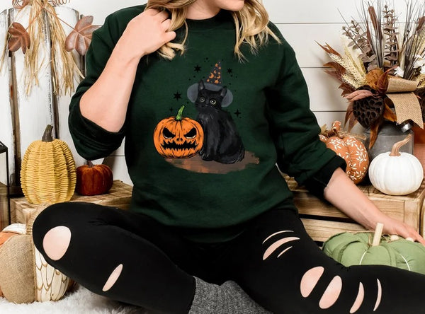 Vintage Witchy Halloween Cats Sweater, Winking Pumpkin Halloween Printed Sweatshirt, Spooky Witchy Cat Spooky Season Jumper, Cat Lover Gifts