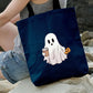 Halloween Spooky Ghost Tote Bags, Cute Ghosts Drinking Coffee Printed Totes, Halloween Shopping Bag, Spooky Cute Ghost Canvas Halloween Bags