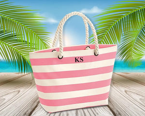 Personalised Tote Bag, Custom Initial Printed Neutical Bag, Holiday Striped Bag with Rope Handle, Bridal Party Bag, Traveling Gift for Her