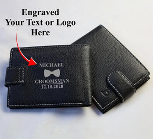 Custom Engraved Black Leather Wallet, Personalised Men's Monogrammed Wallet, Groomsmen Bifold Leather Wallet, Valentine's Day Gift for Him