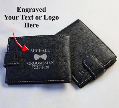 Custom Engraved Black Leather Wallet, Personalised Men's Monogrammed Wallet, Groomsmen Bifold Leather Wallet, Valentine's Day Gift for Him