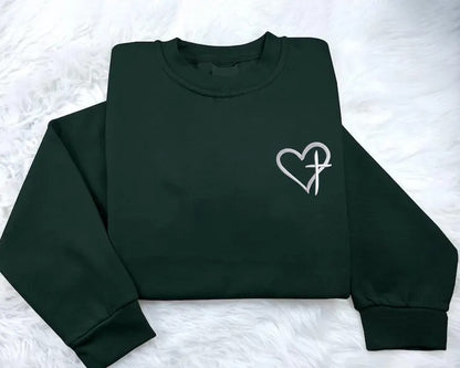 Embroidered Cross Heart Sweatshirt, Christian Religious Faith Crewneck Sweater, Love Heart Valentines Day Jumper, Valentines Gifts for Her