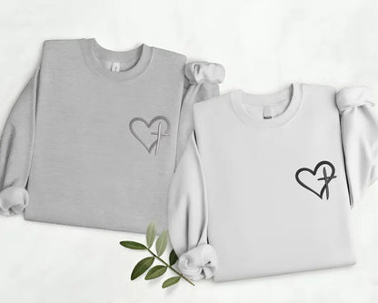 Embroidered Cross Heart Sweatshirt, Christian Religious Faith Crewneck Sweater, Love Heart Valentines Day Jumper, Valentines Gifts for Her