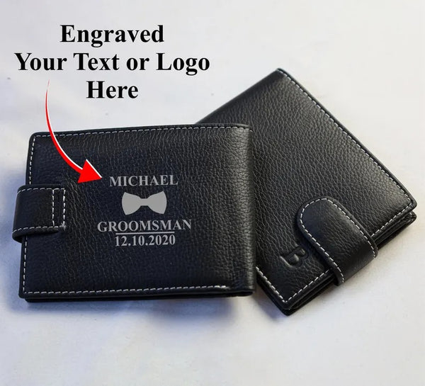 Custom Engraved Black Leather Wallet, Personalised Men's Monogrammed Wallet, Groomsmen Bifold Leather Wallet, Valentine's Day Gift for Him