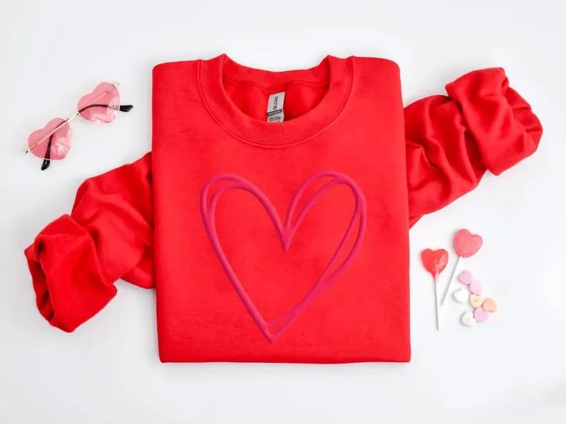 Valentine Heart Sweatshirt, Double Embossed Heart Crewneck Sweater, Valentine Day Puff Printed Jumper, Love Heart Sweater, Valentines Gift