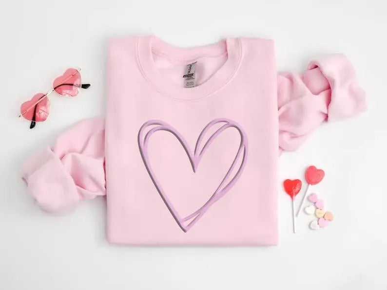 Valentine Heart Sweatshirt, Double Embossed Heart Crewneck Sweater, Valentine Day Puff Printed Jumper, Love Heart Sweater, Valentines Gift