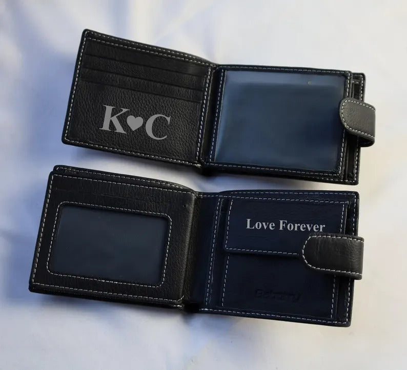 Custom Engraved Black Leather Wallet, Personalised Men's Monogrammed Wallet, Groomsmen Bifold Leather Wallet, Valentine's Day Gift for Him