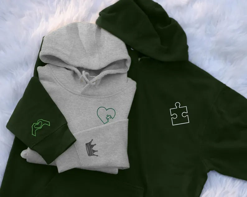Embroidered You Complete Me Heart Puzzle Hoodies, Couple Matching Valentines Day Hoodie, Custom Heart Puzzle Valentine Jumper, Gifts for Him