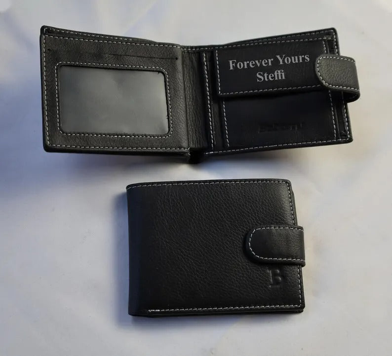 Custom Engraved Black Leather Wallet, Personalised Men's Monogrammed Wallet, Groomsmen Bifold Leather Wallet, Valentine's Day Gift for Him