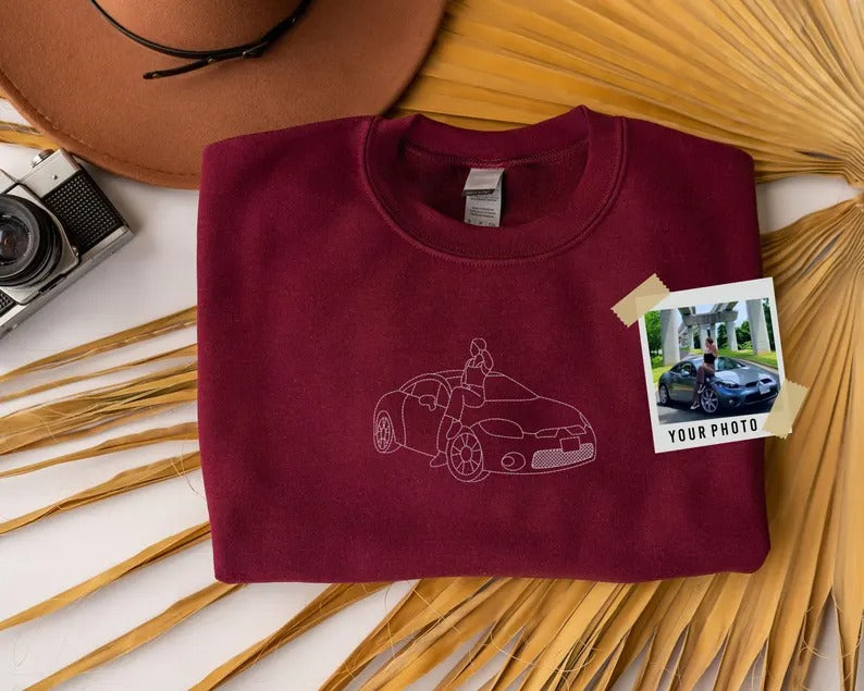 Personalised Embroidered Car Hoodie, Valentines Day Gift for Boyfriend, Custom Photo Line Art Sketch Jumper, Birthday Gifts for Car Lovers