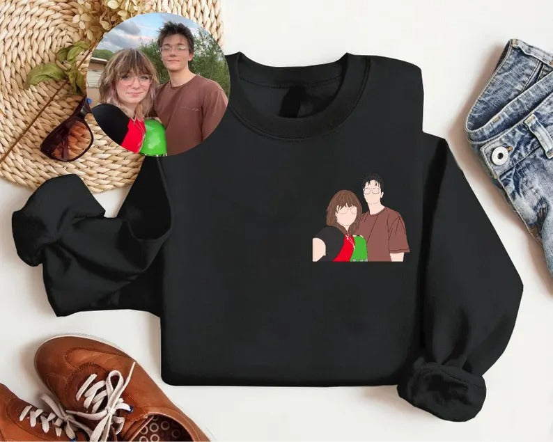 Personalised Couple Photo Portrait Sweatshirt, Custom Faceless Drawing Sketch Printed Sweater, Couple Matching VDay Jumper, Valentine Gifts