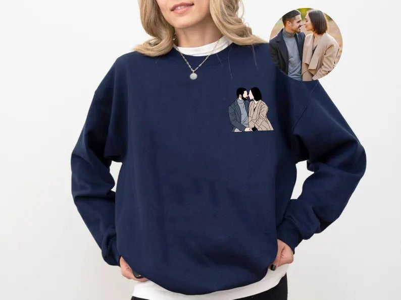 Personalised Couple Photo Portrait Sweatshirt, Custom Faceless Drawing Sketch Printed Sweater, Couple Matching VDay Jumper, Valentine Gifts