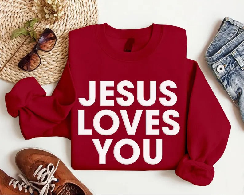 Jesus Loves You Valentine Sweatshirt, Religious Faith Puff Printed Sweatshirt, Christian Embossed Crewneck Sweater, Valentines Gift for Her