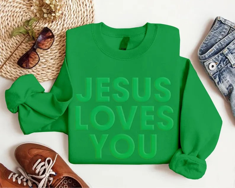 Jesus Loves You Valentine Sweatshirt, Religious Faith Puff Printed Sweatshirt, Christian Embossed Crewneck Sweater, Valentines Gift for Her