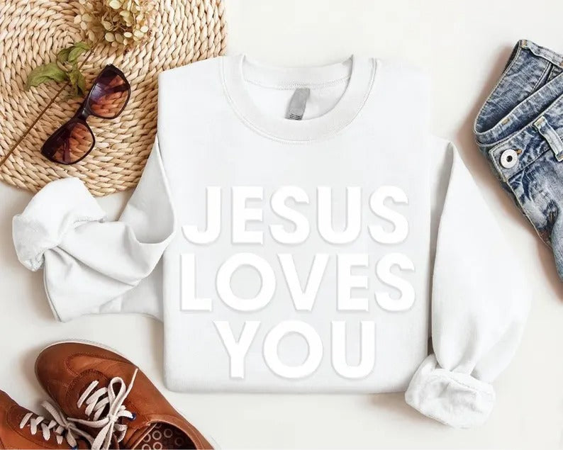 Jesus Loves You Valentine Sweatshirt, Religious Faith Puff Printed Sweatshirt, Christian Embossed Crewneck Sweater, Valentines Gift for Her