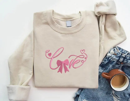 Embroidered Love Coquette Sweatshirt, Love Coquette Bow Valentine Sweatshirt, Valentines Day Couple Matching Jumper, Valentines Gift for Her