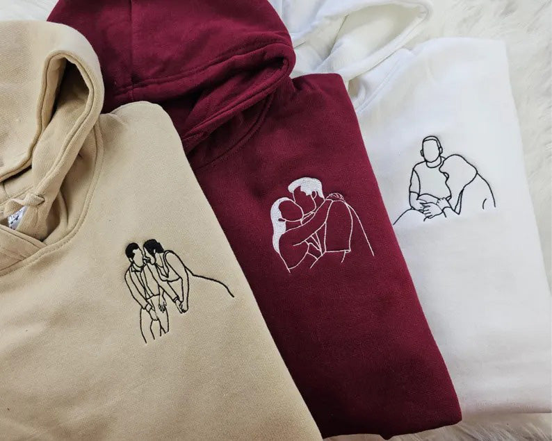 Embroidered Photo Portrait Hoodie, Personalised Outline Couple Matching Hoody, Custom Initials With Heart on Sleeve, Valentines Gift for Him
