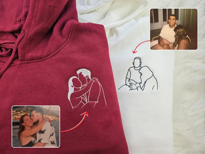 Embroidered Photo Portrait Hoodie, Personalised Outline Couple Matching Hoody, Custom Initials With Heart on Sleeve, Valentines Gift for Him