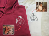 Embroidered Photo Portrait Hoodie, Personalised Outline Couple Matching Hoody, Custom Initials With Heart on Sleeve, Valentines Gift for Him