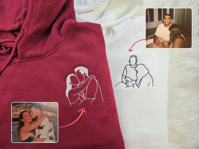 Embroidered Photo Portrait Hoodie, Personalised Outline Couple Matching Hoody, Custom Initials With Heart on Sleeve, Valentines Gift for Him