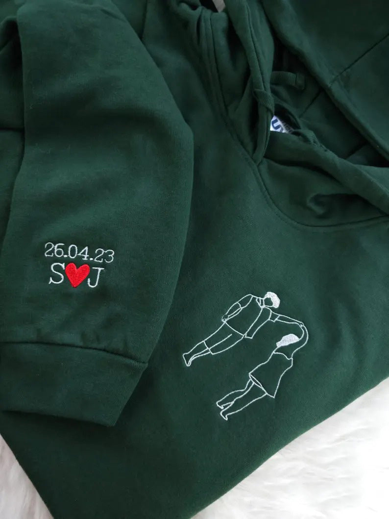 Embroidered Photo Portrait Hoodie, Personalised Outline Couple Matching Hoody, Custom Initials With Heart on Sleeve, Valentines Gift for Him
