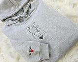 Embroidered Photo Portrait Hoodie, Personalised Outline Couple Matching Hoody, Custom Initials With Heart on Sleeve, Valentines Gift for Him