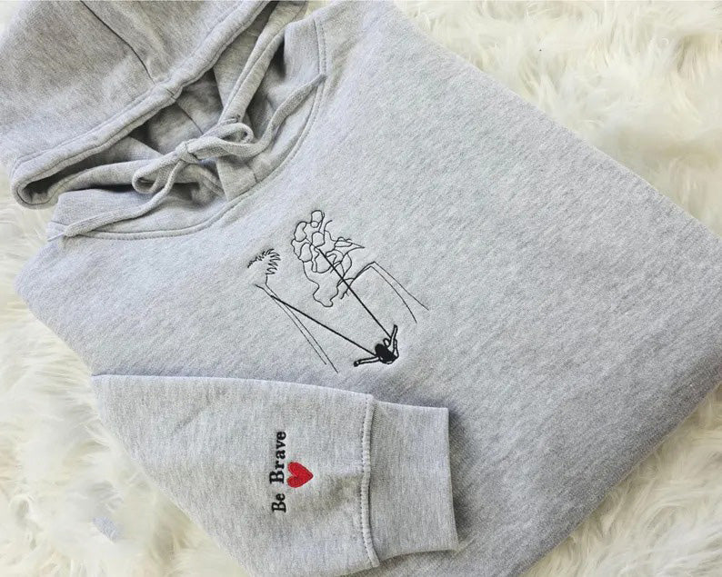 Embroidered Photo Portrait Hoodie, Personalised Outline Couple Matching Hoody, Custom Initials With Heart on Sleeve, Valentines Gift for Him
