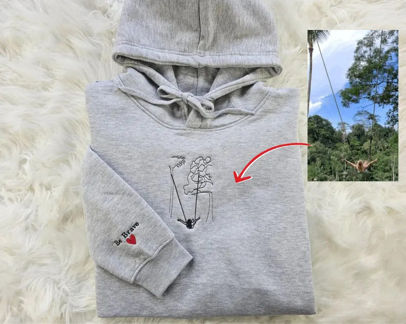 Embroidered Photo Portrait Hoodie, Personalised Outline Couple Matching Hoody, Custom Initials With Heart on Sleeve, Valentines Gift for Him