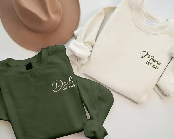 Matching Mom and Dad Embroidered Sweatshirt, Personalised Mom Dad Sweater, Kids Name on Sleeve Mama Jumper, Dad Crewneck, Mother's Day Gifts