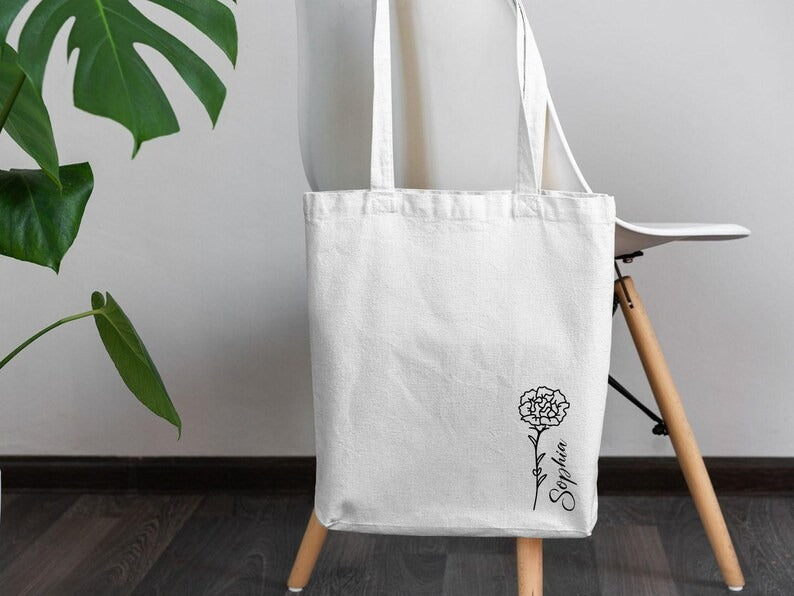 Personalised Birth Month Tote Bag, Custom Birth Flower Totes, Birthday Gift For Her, Mom Tote Bags, Shopping Canvas Bags, Mother's Day Gifts