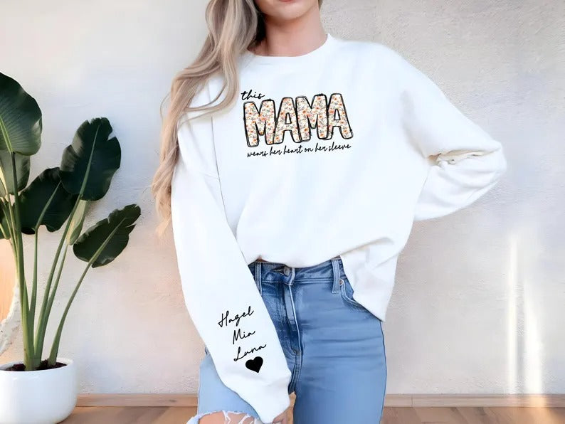 Personalised Mama Crewneck Sweatshirt, Custom Kids Name on Sleeve Sweater, Floral Mama Printed Mother Day Jumper, Mothers Day Gift for Mom