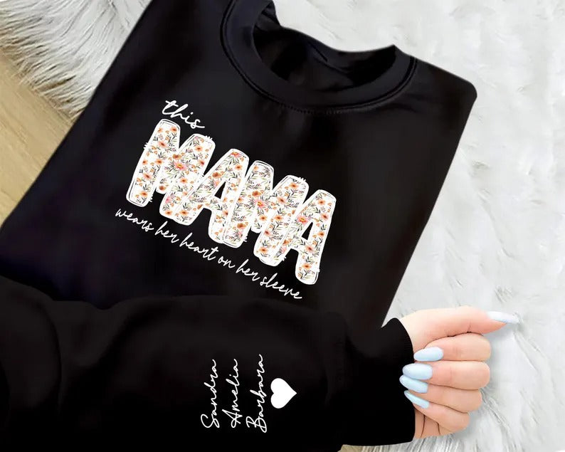 Personalised Mama Crewneck Sweatshirt, Custom Kids Name on Sleeve Sweater, Floral Mama Printed Mother Day Jumper, Mothers Day Gift for Mom