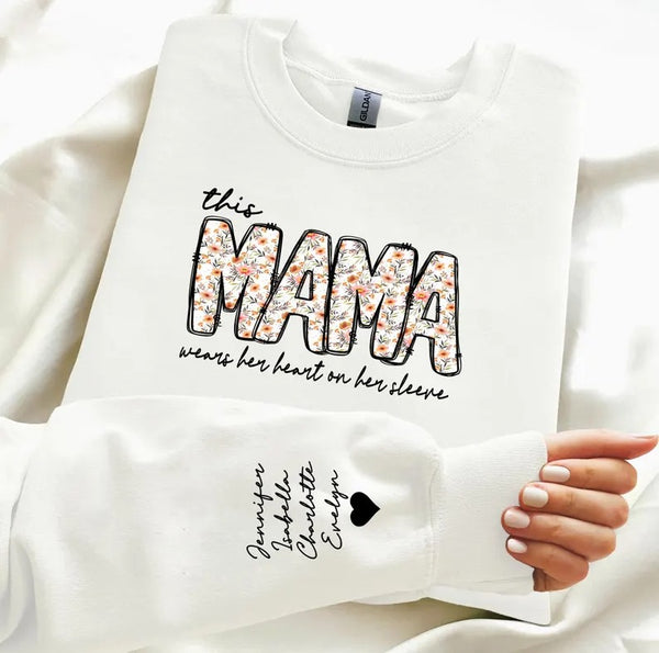 Personalised Mama Crewneck Sweatshirt, Custom Kids Name on Sleeve Sweater, Floral Mama Printed Mother Day Jumper, Mothers Day Gift for Mom