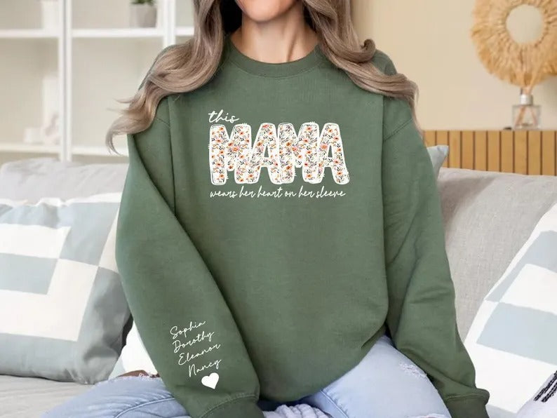 Personalised Mama Crewneck Sweatshirt, Custom Kids Name on Sleeve Sweater, Floral Mama Printed Mother Day Jumper, Mothers Day Gift for Mom